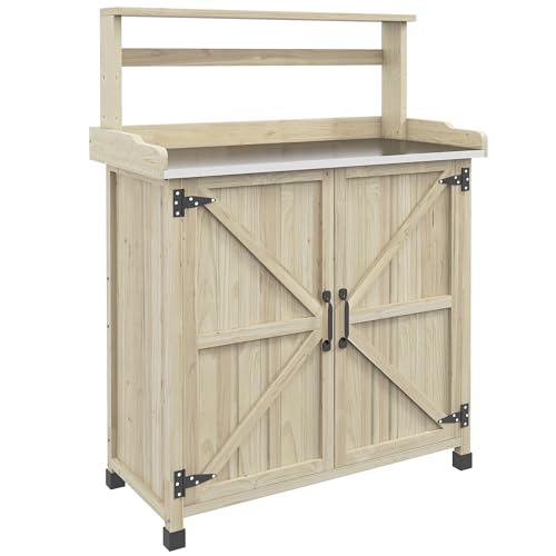Farmhouse Outdoor Wooden Potting Table with 2 Door Cabinets Garden Workbench with Galvanized Table Top and 2 Shelves Outdoor Potting Bench for Patio