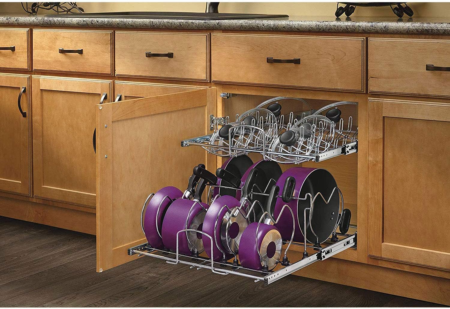 Rev-A-Shelf 5CW2-2122-CR 21-Inch 2-Tier Wire Pull Out Kitchen Cabinet Organizer for Pots, Pans, and Lid Cookware, Chrome