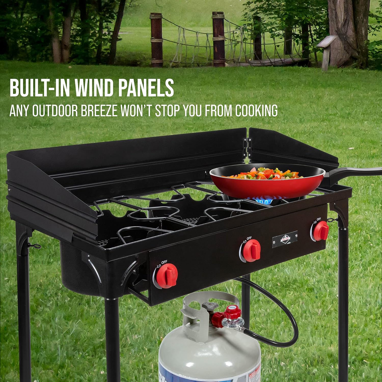 Hike Crew Cast Iron 3-Burner Outdoor Gas Stove | 225,000 BTU Portable Propane-Powered Cooktop with Removable Legs, Temperature Control Knobs