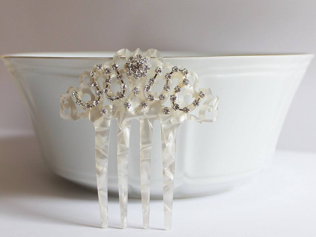 Aristocrafts Mother of Pearl Rhinestone Bridal Hair Comb, Art Deco Hair Comb, Art Nouveau, Spanish Comb, Mantilla Veil Accessory