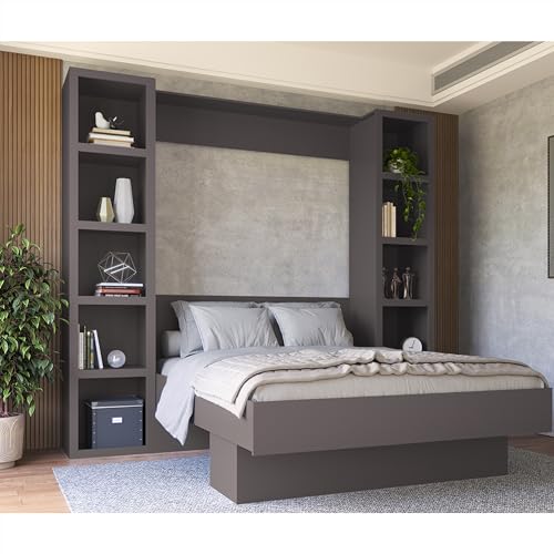 Oakland Living Easy-Lift Queen Murphy Wall Bed in Brown Wood Grain with Two Bookshelves
