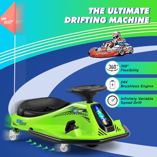 360 Degrees Rotating Ride On Drift Car and 2 Replacement Universal Wheels, 24V Electric Drifting Go Kart for Kids W/Brushless Motor, High/Low Speed