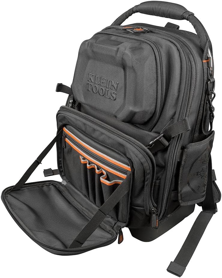 Klein Tools 55485 Tool Bag Backpack, Durable Electrician Backpack with 48 Pockets for Hand Tools, Waterproof Bottom, Removable Tool Carrier
