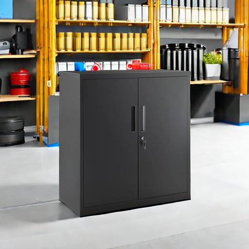 SONGMICS Garage Cabinet, Metal Storage Cabinet with Doors and Shelves, Office Cabinet for Home Office, Garage and Utility Room, Grey UOMC013G01