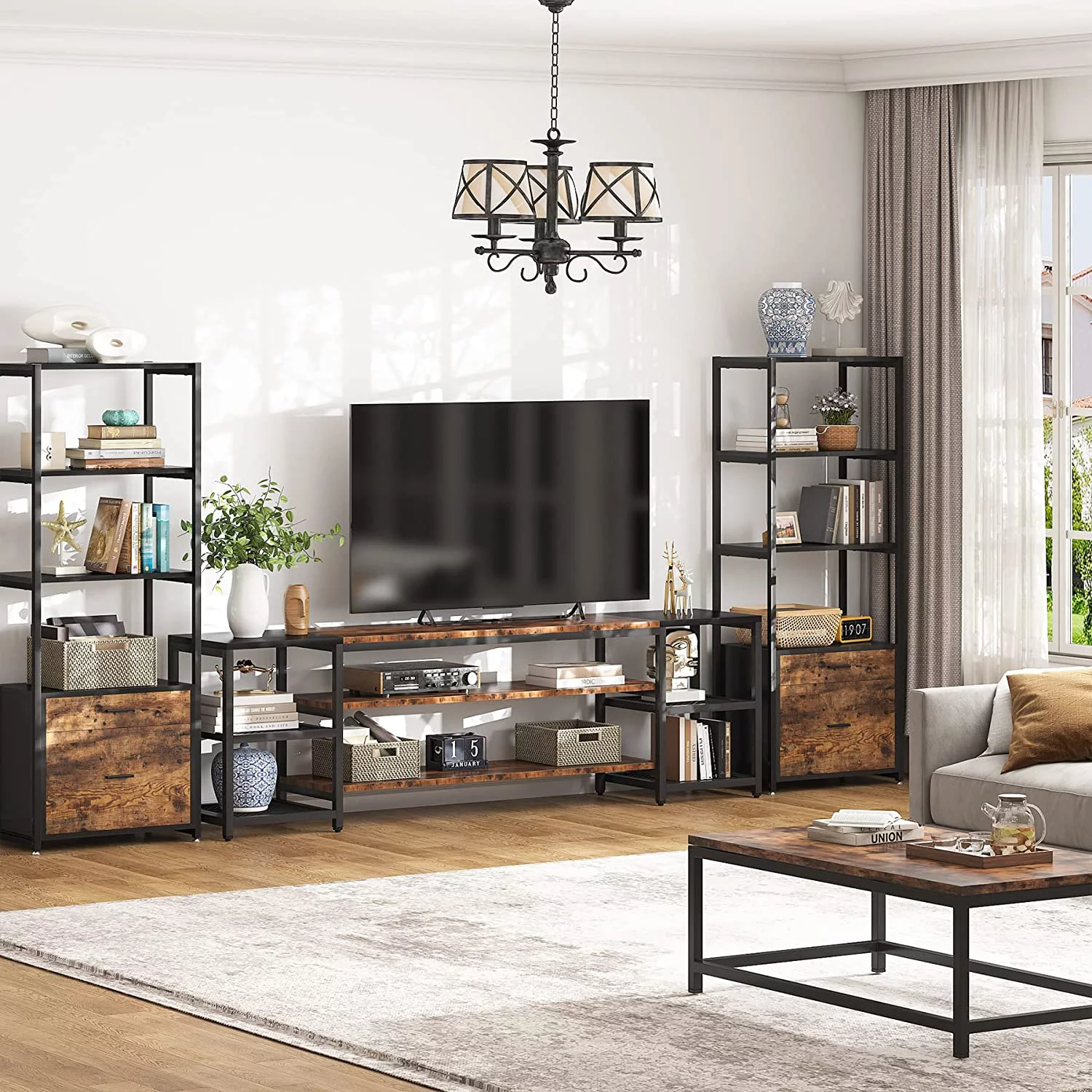 Tribesigns 78" TV Stand for TVs Up to 65" Industrial Media Console Table with 3 Tier Storage Shelves Brown and Black
