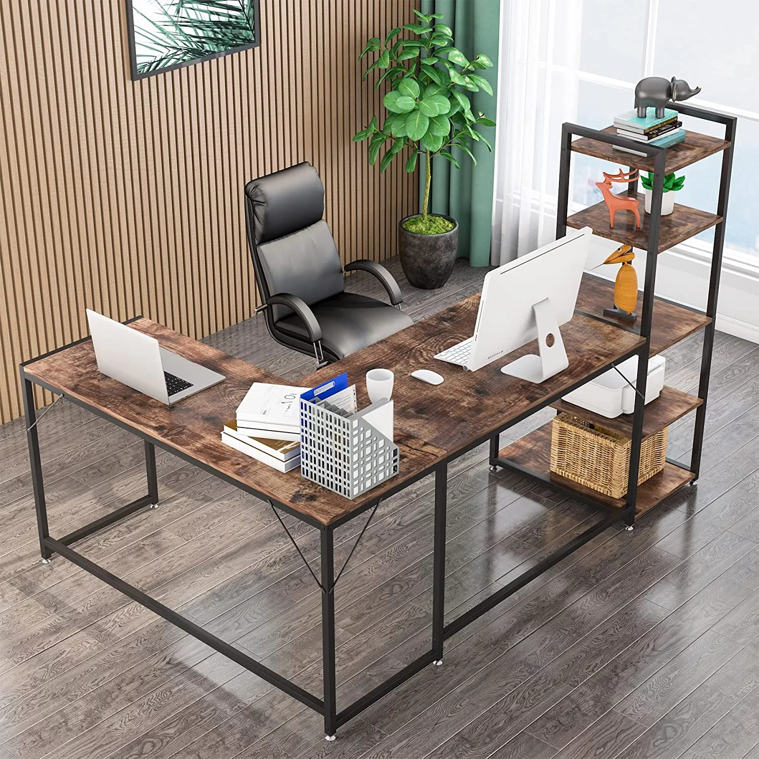 HJZBNONE 79 Inch Reversible L-Shaped Desk  Industrial Large Corner Desk with 5 Tier  Shelves  Large L Desk Home Office Desk Computer Table Writing