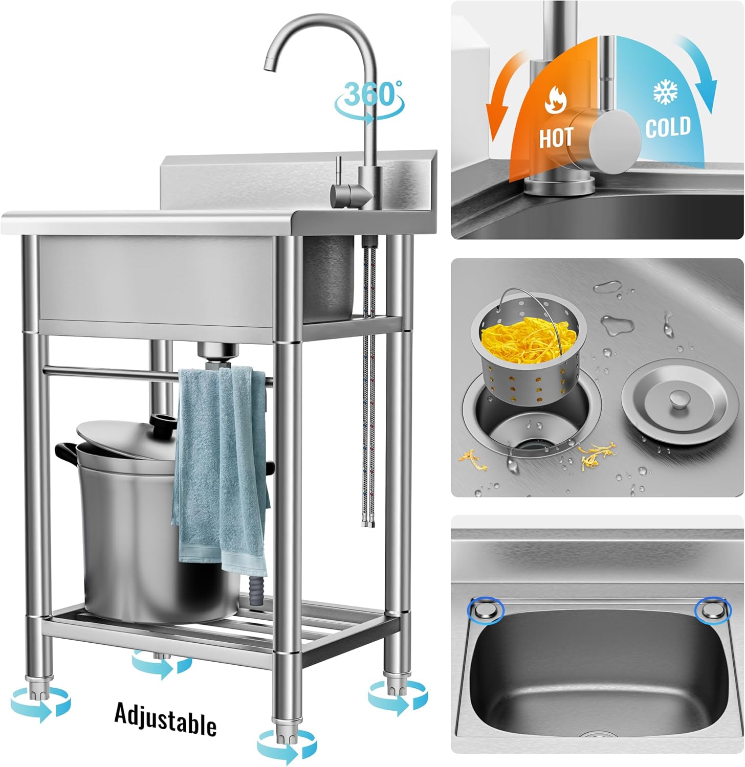 Utility Sink Free Standing Single Bowl Kitchen Sink with Cold and Hot Water Pipe Stainless Steel Sink for Laundry Room Bathroom Farmhouse