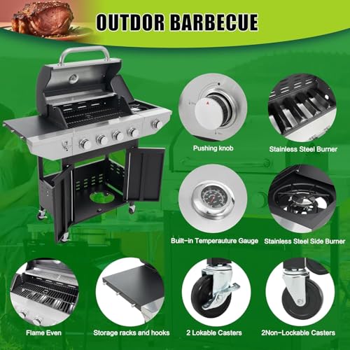 4-Burners Propane Gas Grill with Side Burner, Outdoor Stainless Steel BBQ Grill Built-in Thermometer