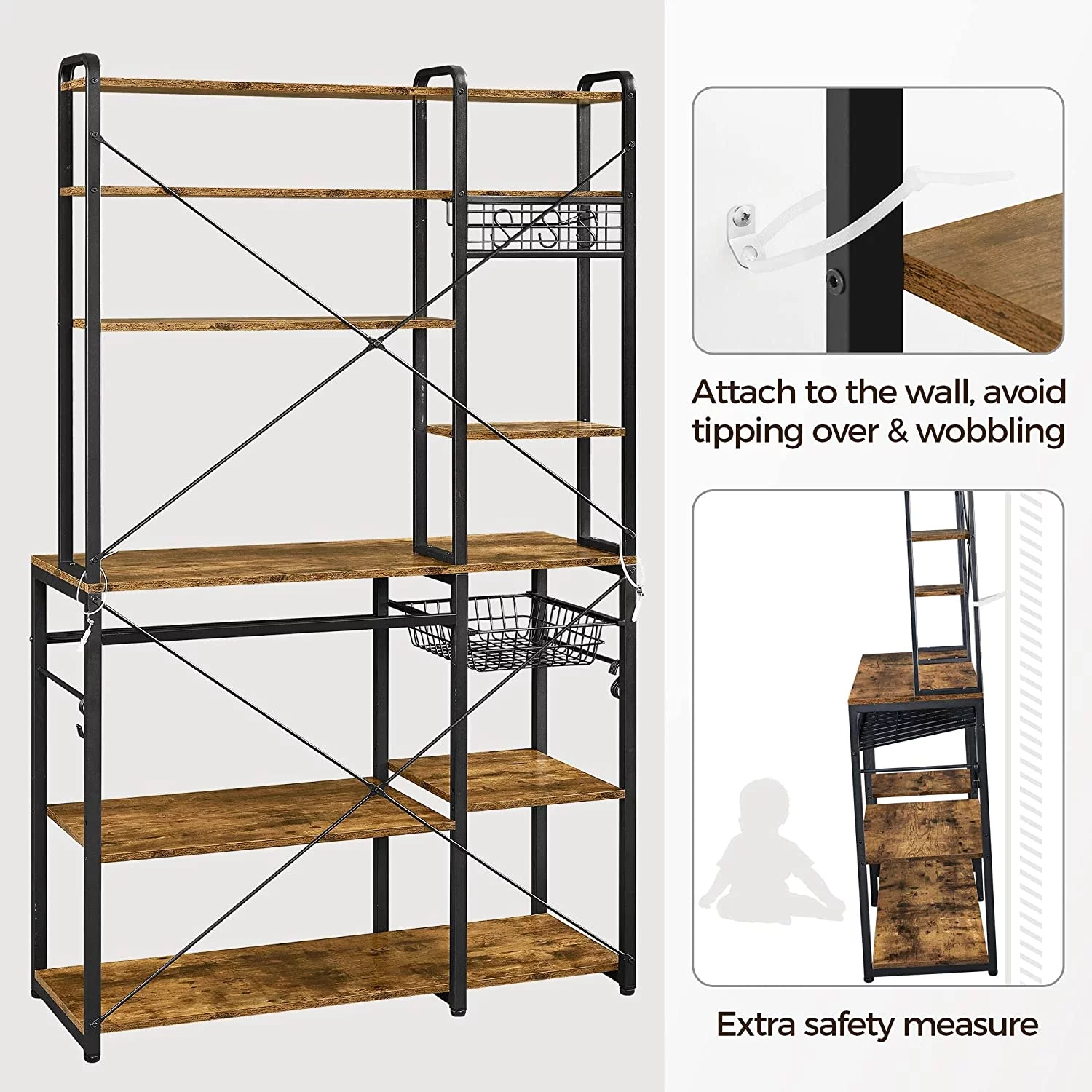 Kitchen Bakers Rack, Wooden Microwave Stand Kitchen Storage Shelf with Wine Rack and Wire Basket and 12 Hooks