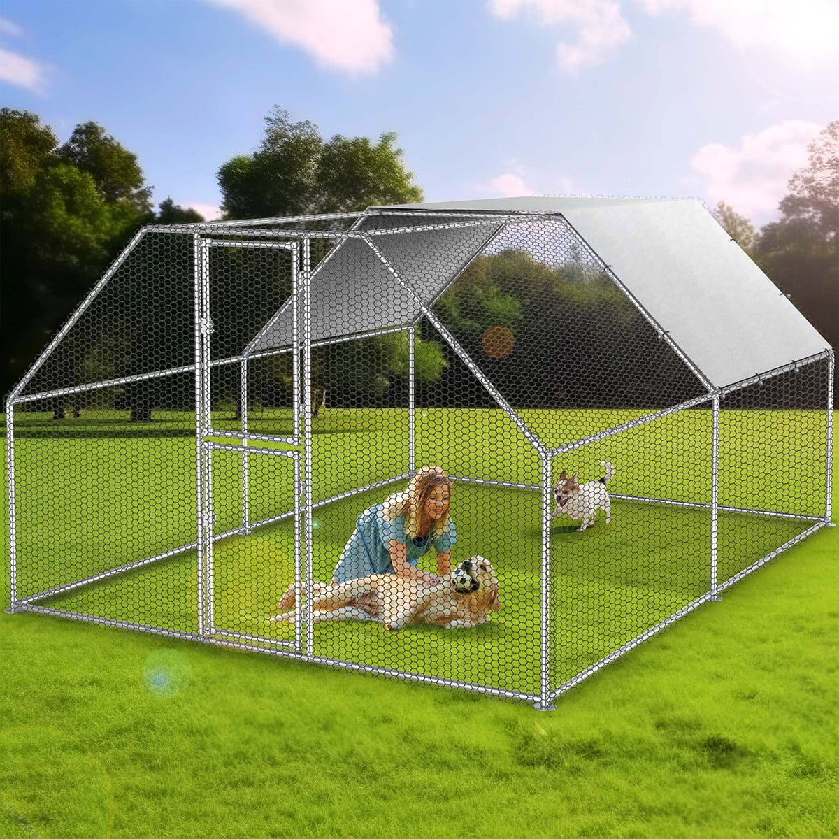Dextrus Chicken Run Coop 13.1 x 9.8 x 6.4 ft Large Metal Chicken Coop Spire Shaped, Walk-in Hen Cage