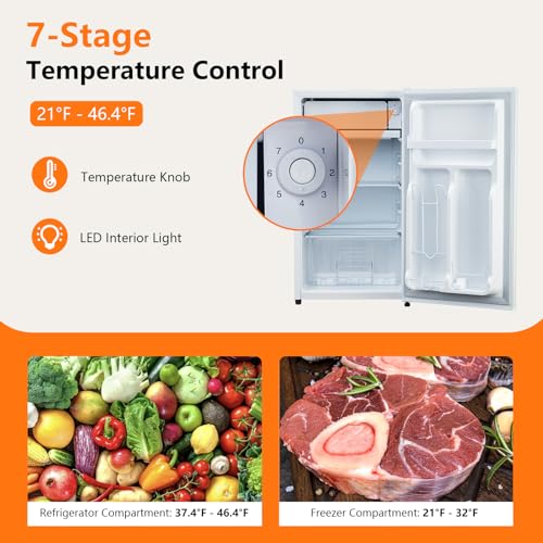 ACONEE Mini Refrigerator Compact Fridge with Freezer, Small Refrigerator Stainless Steel Double Door, 5 Adjustable Thermostat Control