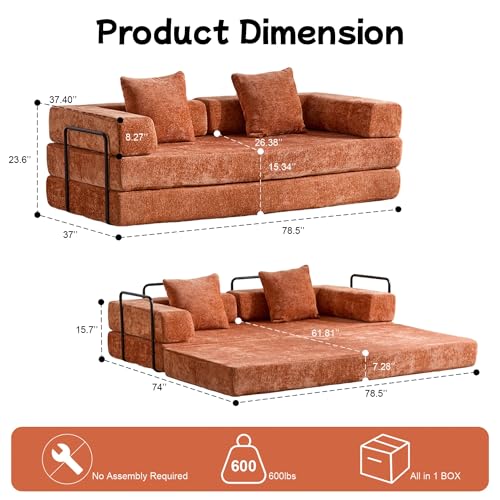 Convertible Floor Sofa Bed, Foldable Mattress Cloud Couch with Pillow Back & Armrest, Chenille Sleeper Sofa Bed with Fixed-Shape Frame