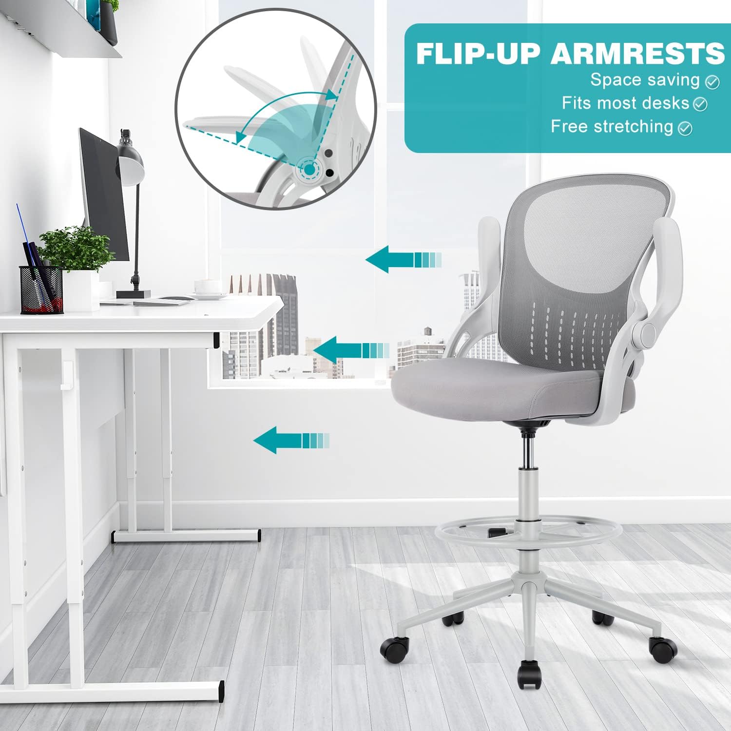 edx Drafting Chair Tall Office Chair, Tall Standing Desk Chair Counter Height Tall Adjustable Office Chair with Flip-up Arms/Wheels