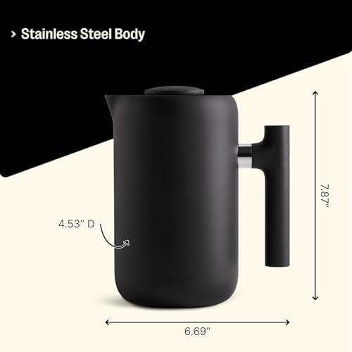 Fellow Clara French Press Coffee Maker - Portable Stainless Steel Coffee Press, Insulated Manual Brewer, Matte Black with Walnut, 24 oz Carafe