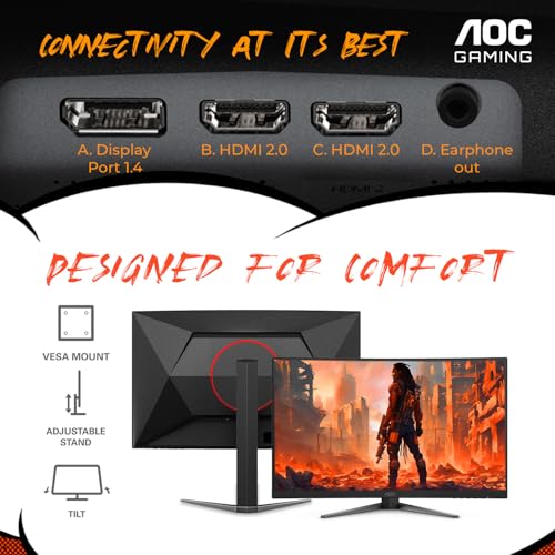 AOC C27G2Z 27" Curved Frameless Ultra-Fast Gaming Monitor, FHD 1080p, 0.5ms 240Hz, FreeSync, 2x HDMI 2.0, 1x Display Port, Height Adjustable
