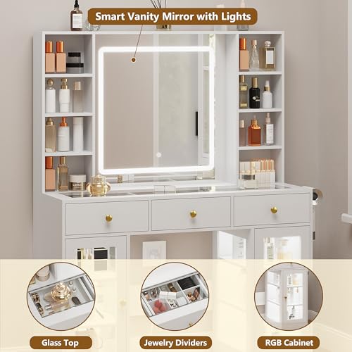 White Vanity Desk with Mirror and Lights, Glass Top Vanity with Lighted Mirror & RGB Glass Cabinet and 3 Drawers