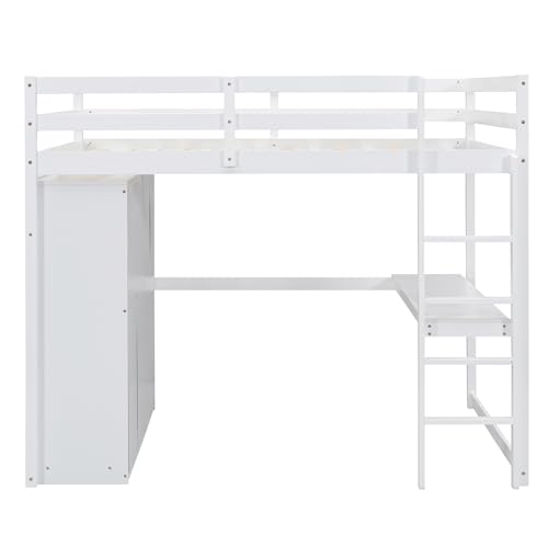 Full Size Loft Bed with Desk & Wardrobe, Solid Wood Kids Loft Bedframe w/3 Storage Drawers & 2 Shelves, Maximum Space Design, for Bedroom, Dorm, Gray