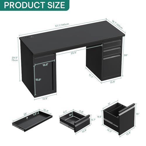 YITAHOME Office Desk with 5 Drawers, Executive Desk with Power Outlets, 57 Inch Computer Desk with File Cabinet, Keyboard Tray