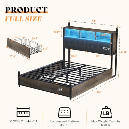 AMERLIFE Full Size Bed Frame with Bookcase Headboard, 4 Storage Drawers, Wooden Platform Bed with Charging Station & LED Light, No Box Spring Needed