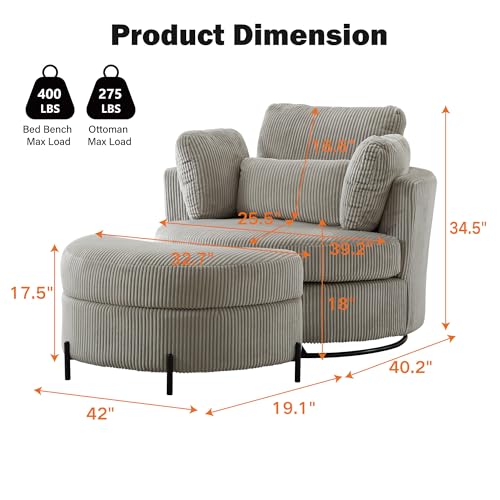 Chifee & Vingol 42.2" Oversized Swivel Accent Chair Round Barrel Chair,Chenille,Beige