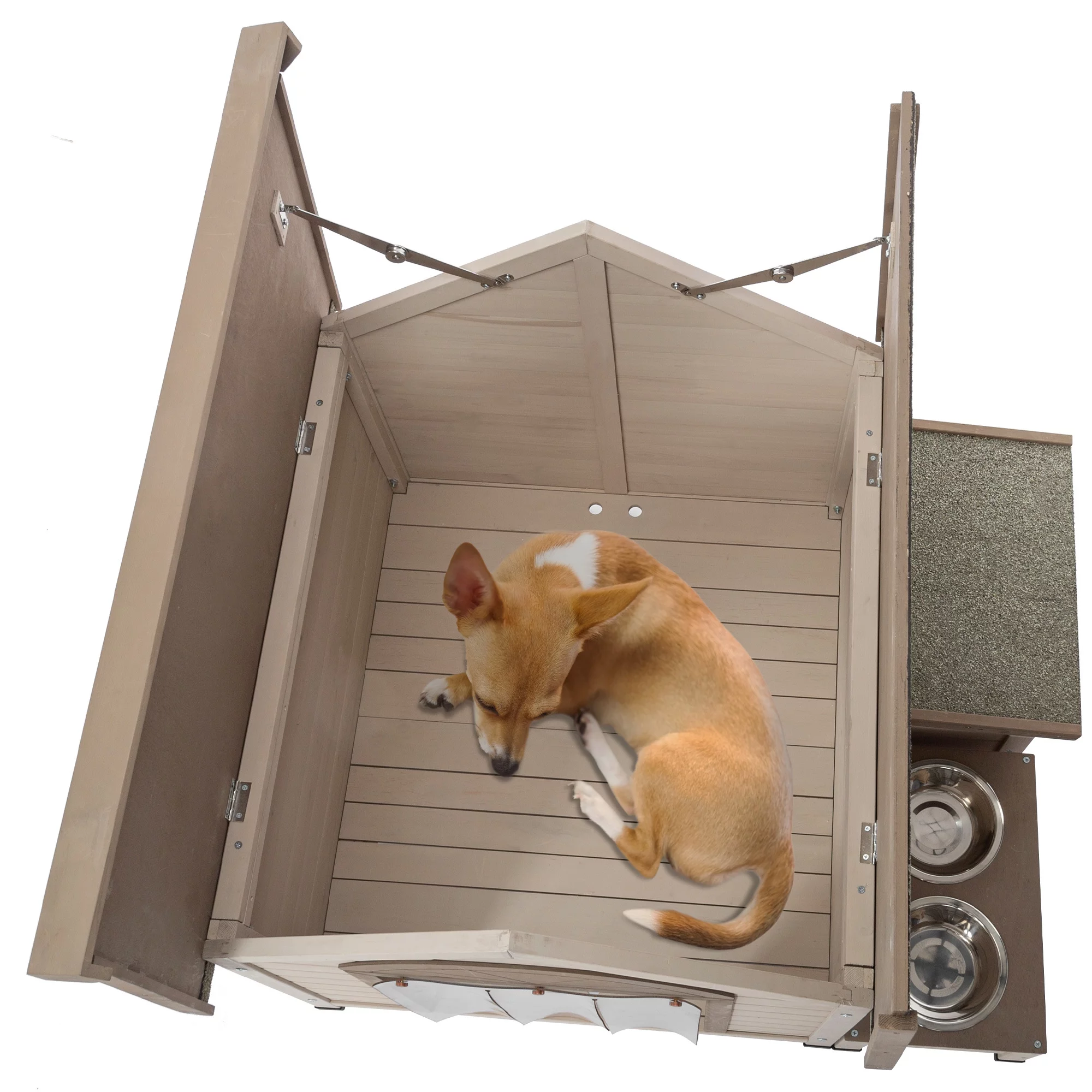 Euroco Outdoor Wood Dog House Waterproof Pet Log Cabin for Small Medium Dog with Feeding Station, Storage Box