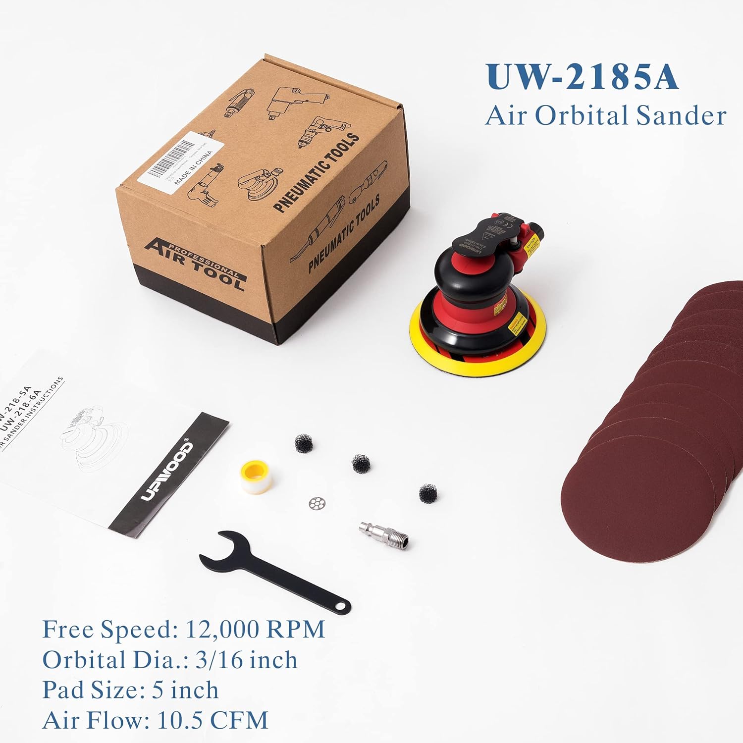 6-inch Air Random Orbital Sander by UPWOOD, Heavy Duty Palm Air Powered Sander Pneumatic Sander with 10pcs Sandpapers