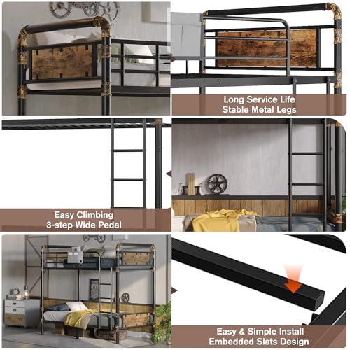 2 IN 1 Metal Bunk Bed Twin Over Twin, Convertible Twin Bunk Beds into 2 Individual Twin Size Bed for Kids Adults, 14.8" High Guard Rail