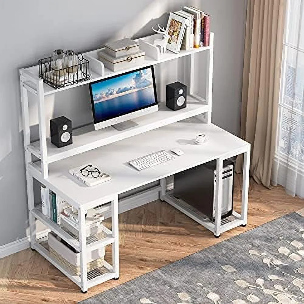 55 Inches Computer Desk with Hutch and Monitor Stand Riser  Rustic Industrial Desk Computer Table Studying Writing Desk Workstation with  Shelves