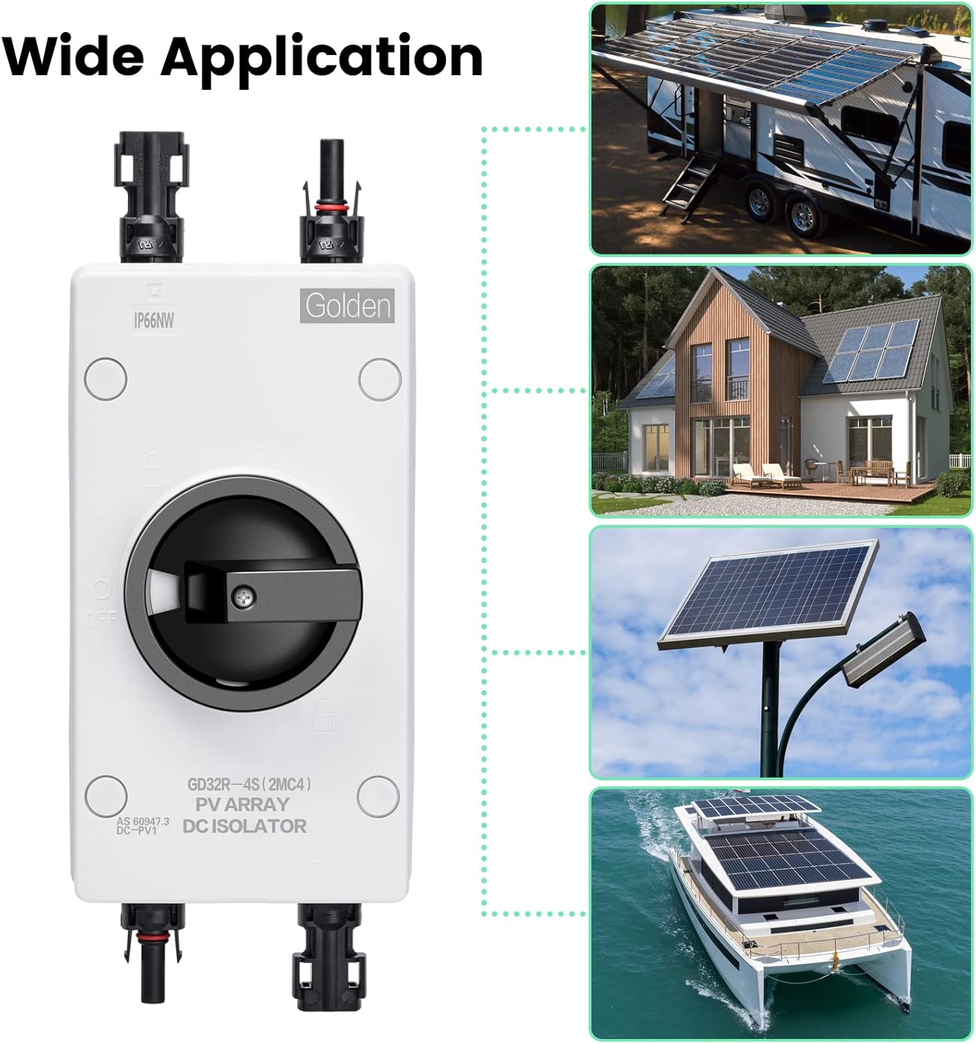 Solar Combiner Box 32A 1000V PV DC Isolator Switch with Solar Connector for Solar Power System RV, Boats, and Off/On-Grid Solar System