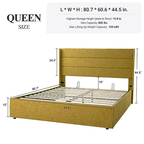 Allewie Full Size Lift Up Storage Bed, Modern Wingback Headboard, Hydraulic Support, No Box Spring Needed, Light Beige