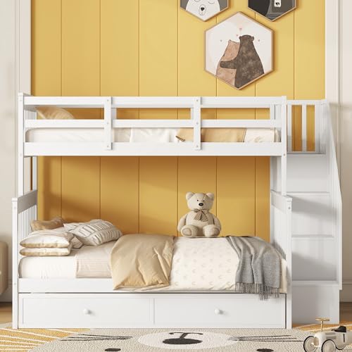 Harper & Bright Designs Twin Over Full Bunk Bed, Wood Twin Over Full Bunk Bed Frame with Trundle and Storage Shelves
