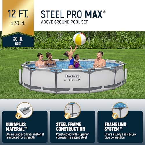 Bestway Steel Pro MAX 12 Foot by 30 Inch Round Above Ground Swimming Pool Set Outdoor Metal Frame Family Pool with Filter Pump, Gray
