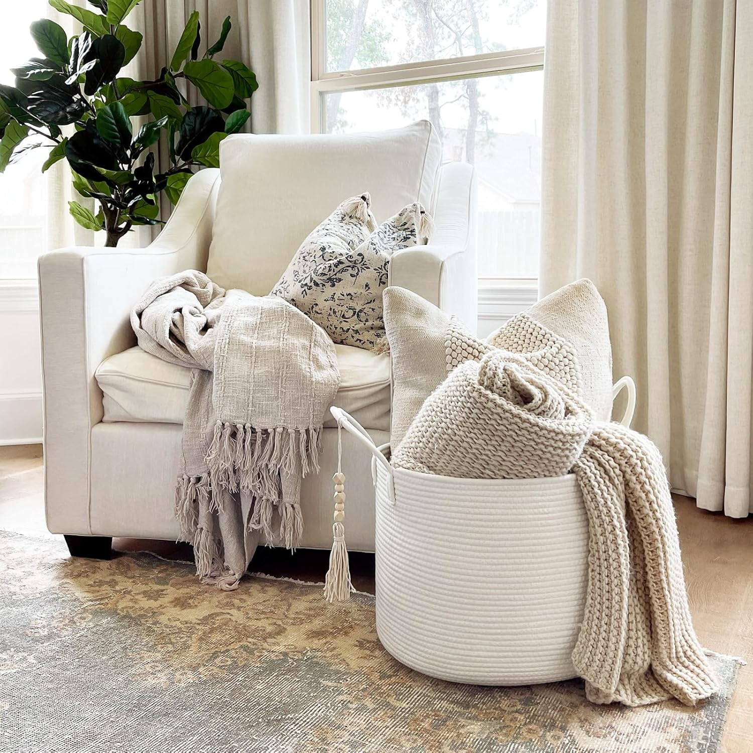 Large Laundry Basket Decorative White Basket for Blankets, Baby Storage Basket for Nursery, Living Room, Bedroom, Big Rope Hamper 17.7 x 12.6 Inches