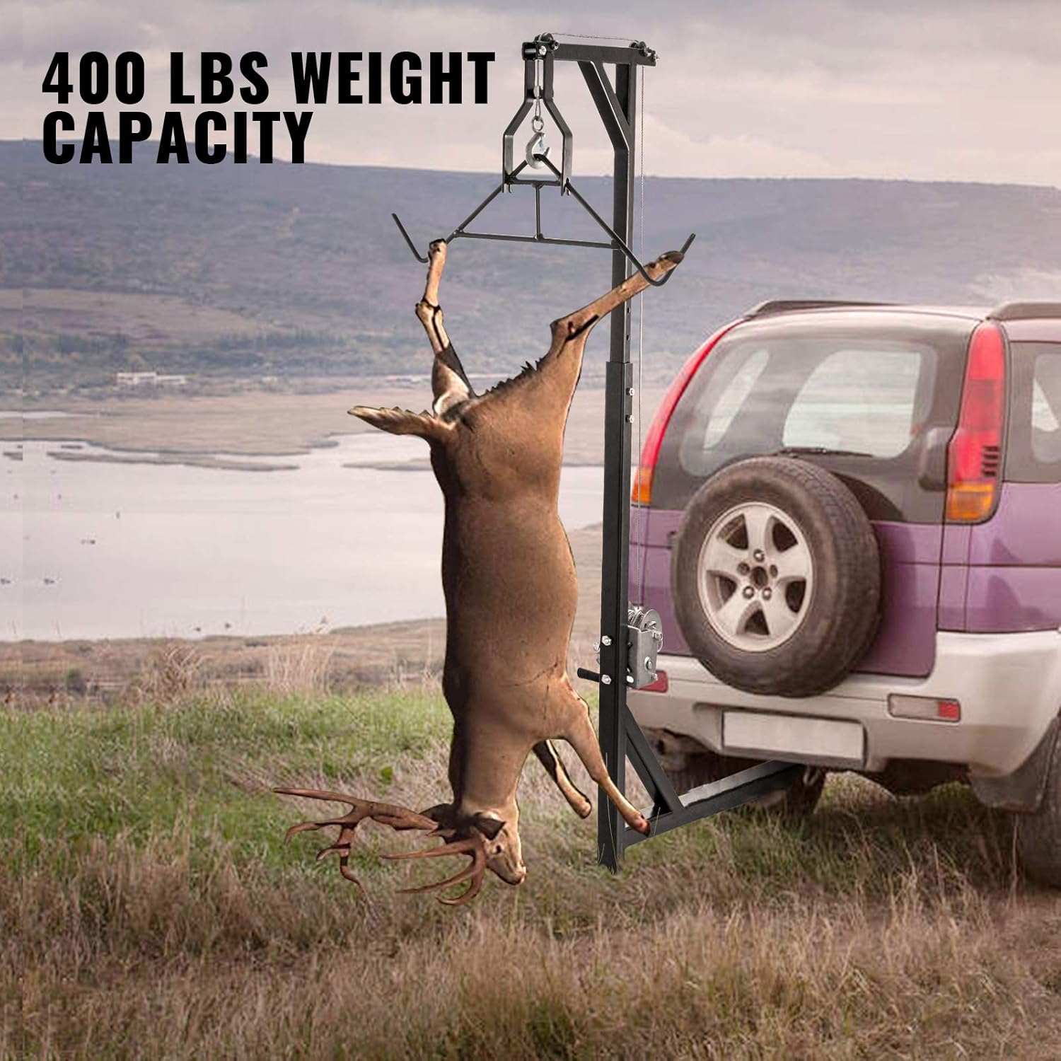 VEVOR Hitch Mounted Deer Hoist, 400lbs Capacity Hitch Game Hoist, 2'' Truck Hitch Deer Hoist with Winch Lift and Gambrel Set, Adjustable Height