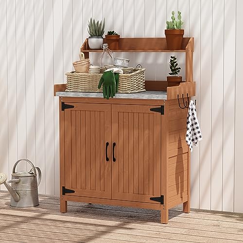 Outdoor Potting Bench with Storage, Wooden Garden Potting Table with Metal Tabletop and Removable Shelf, Potting Work Bench Station for Garden, Patio