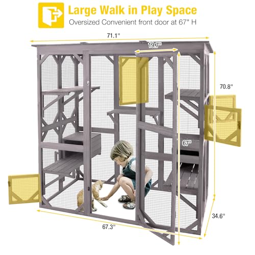 Aivituvin Cat House Outdoor Catio Kitty Enclosure with Super Large Enter Door,Wooden Cat Cage Condo Indoor Playpen with Platforms,Small House,70 Inch