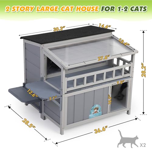 Outdoor Cat House, 2-Tier Warm Wood Cat Shelter with Sunlight Roof, Balcony, Jumping Platforms, Kitty Pet Porch Enclosure, Weatherproof, Openable