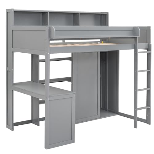 Harper & Bright Designs Twin Size Loft Bed with Wardrobe, Desk and Multiple Storage Shelves, Solid Wood Loft Bed Frame with Bookshelf