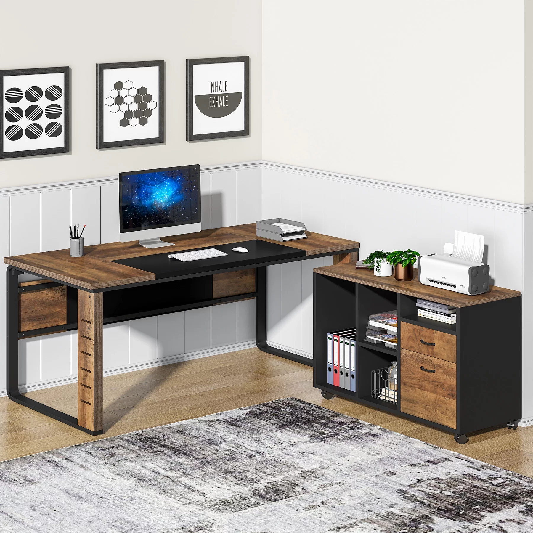 Tribesigns 59 inch Large L-Shaped Computer Desk, Executive Office Desk with File Cabinet, Brown