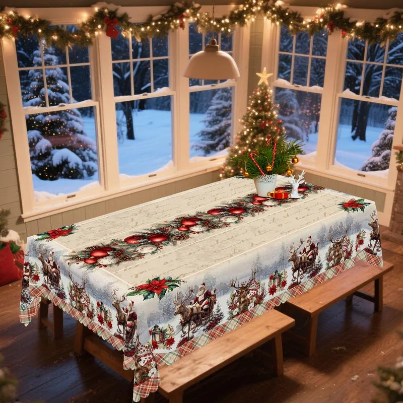 1pc Retro Christmas Themed Print Tablecloth - Rectangle Table Cover with Santa Claus,  Xmas Decor, Holiday Party Indoor Dining Decor