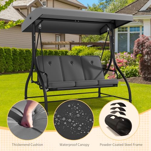 3-Seat Outdoor Porch Swing Glider with Adjustable Canopy, Patio Swings Bed with Removable Cushion for Porch, Backyard, Garden, Poolside, Balcony