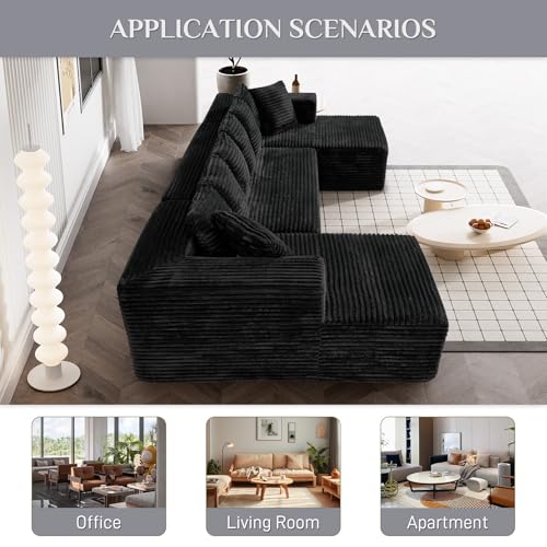 131" Modular Sectional Sofa Cloud Couch, Corduroy Memory Foam Black Sectional Couches for Living Room, Modern Deep Seat Boneless Sofa