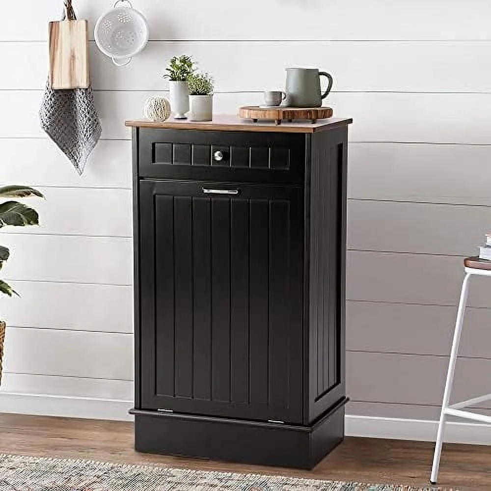 TJUNBOLIFE Cabinet  Tilt Out Free-Standing Trash Bin with Drawer and Countertop  Pet-Proof Recycling Laundry Hamper for Home Kitchen Bathroom  Grey