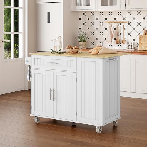 Kitchen Island with Storage, 31.5" D Rolling Kitchen Island Cart on Wheels with Widen Drop Leaf Rubberwood Top