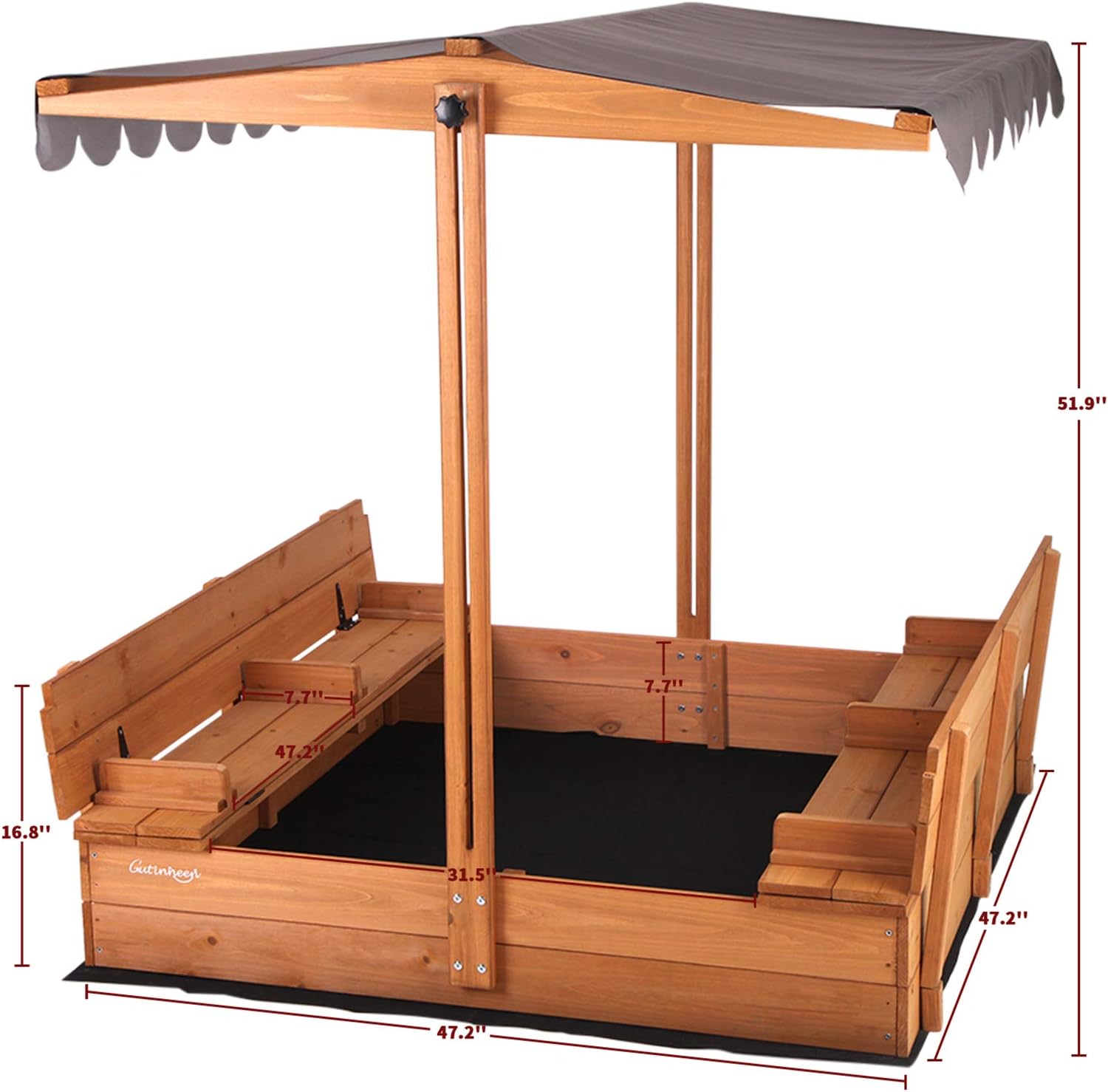 Kids Large Wooden Sandbox, Outdoor Sand Box Play w/ Canopy, 2 Foldable Bench Seats, Retractable Roof and Sand Protection - 47x47-Inch