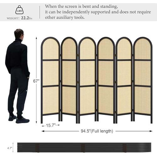Room Divider and Folding Privacy Screens, Pine Wood 5.6 Ft Double Hinged Rattan Partition Freestanding Wall Room Divider for Home - 3 Panels