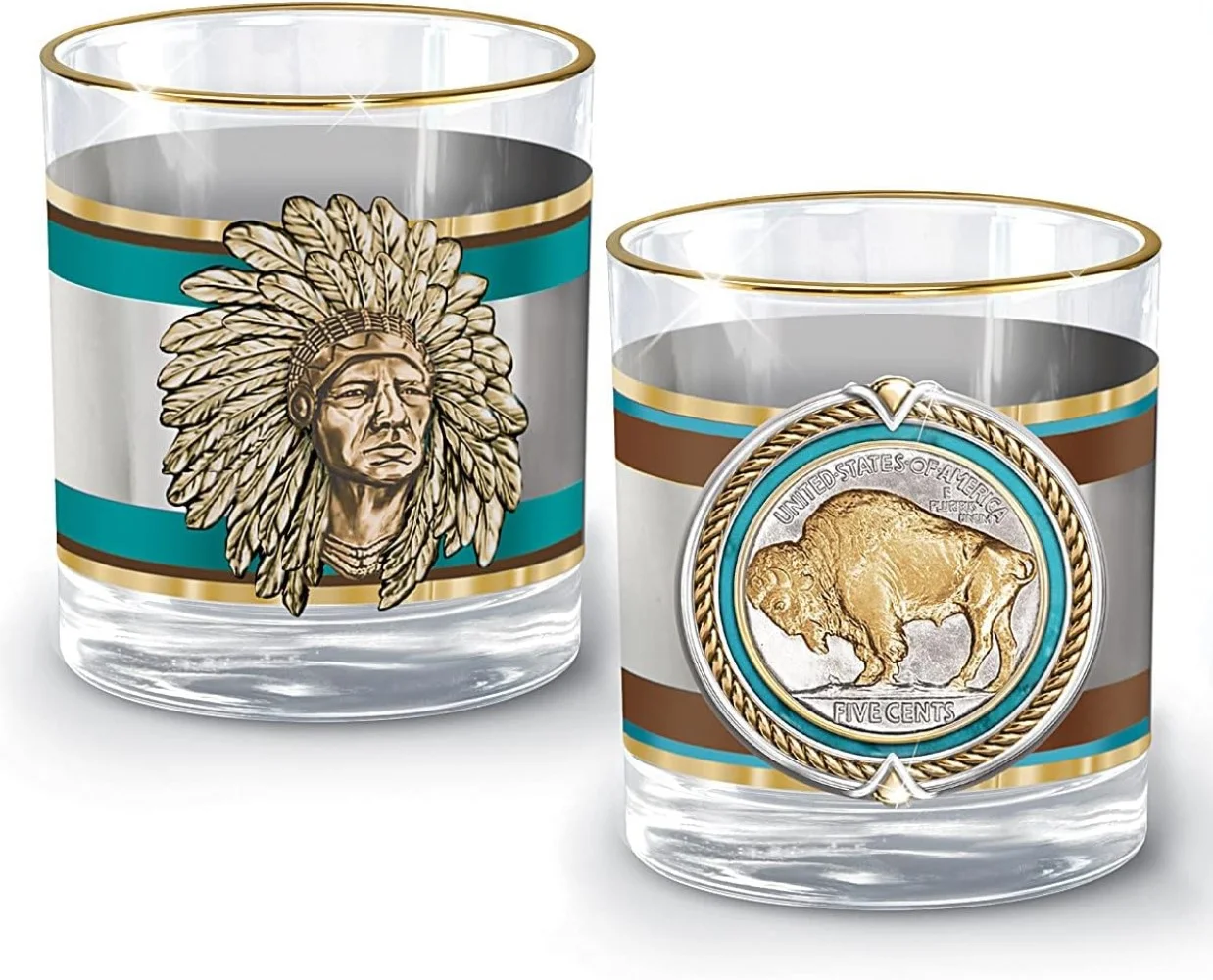 The Bradford Exchange Pride of The West Decanter and Glass Set American Western Buffalo Nickel Inspired Collection with 12K Gold Rims in Satin Gift