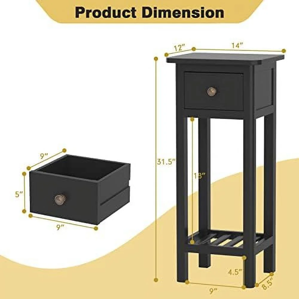 HJZUINIUNIU Narrow Side Table  Small End Table for Small Spaces  Farmhouse Acacia Wood Slim Side Table  Small Bedside Tables Thin Nightstand w/Drawer