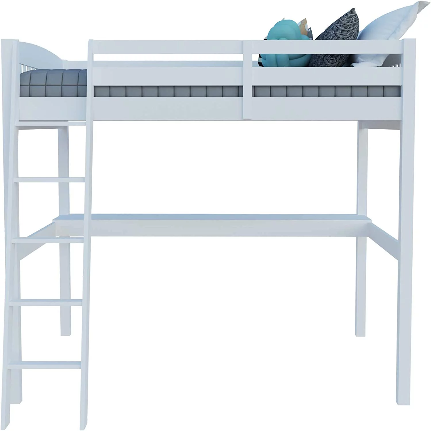 Yes4Wood Everest Solid Wood White Twin Size Loft Bed Frame with Desk & Stairs for Kids and Toddlers