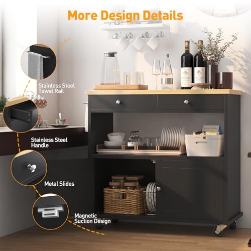 Rolling Kitchen Island with Storage Cabinet, 35.4'' Width Kitchen Cart, 2 Drawers Island Table, Portable Mobile Kitchen Island with Towel Rack